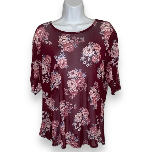 Burgundy Floral Print Mesh Blouse 3X (XXXL) Women’s Top- No Boundaries - Picture 1 of 9